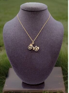 Vintage Bicycle Cruiser Enamel Pendant Necklace Goldtone 16” Chain Cream Black